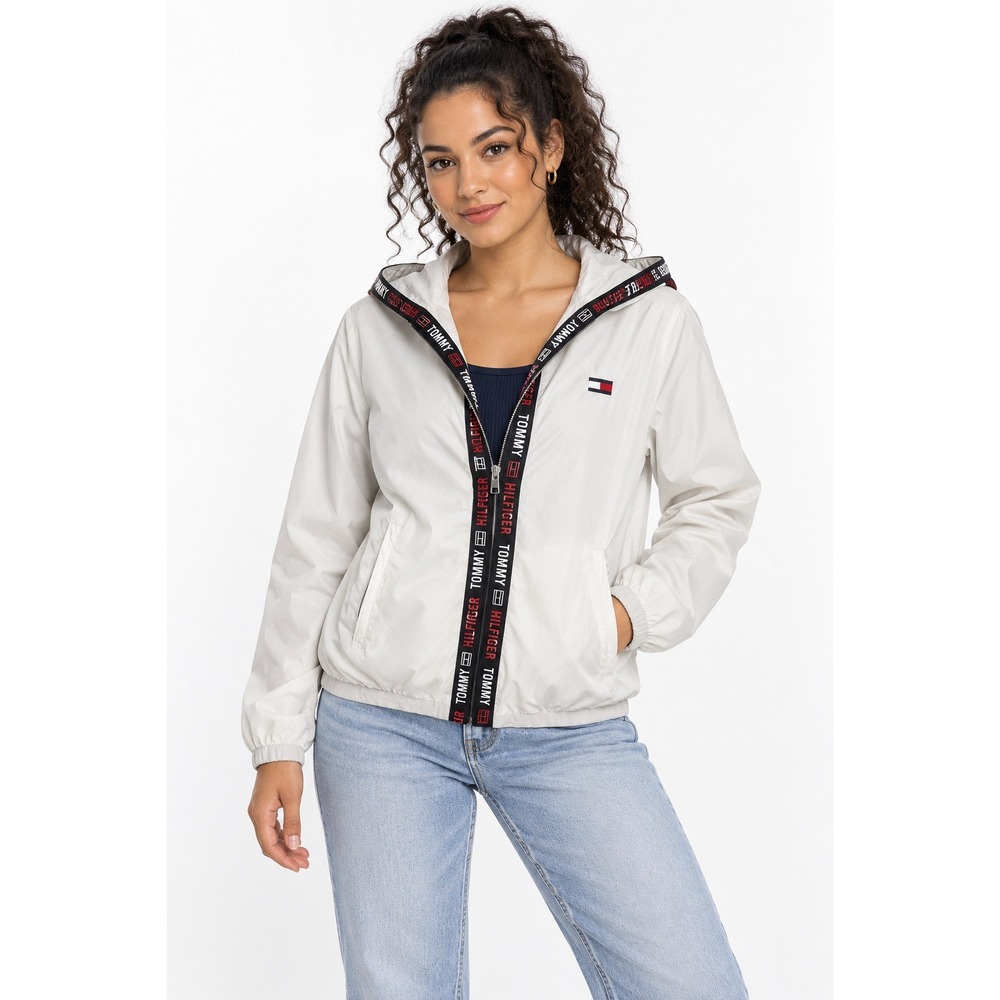 Tommy Hilfiger Women's Windbreaker M White Logo Tape Y2K Sporty Prep Hooded